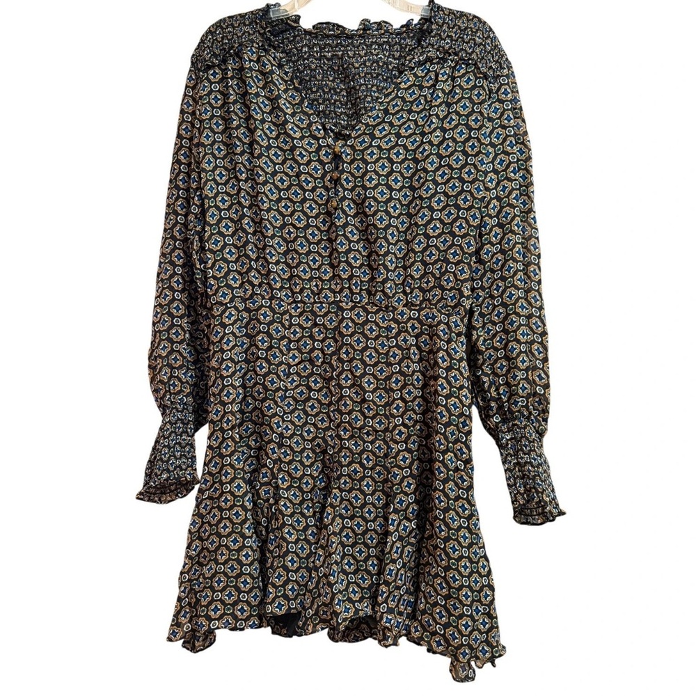 Veronica Beard Size 12 Black Boho Sacchi Peasant Mini Dress - Long Sleeve